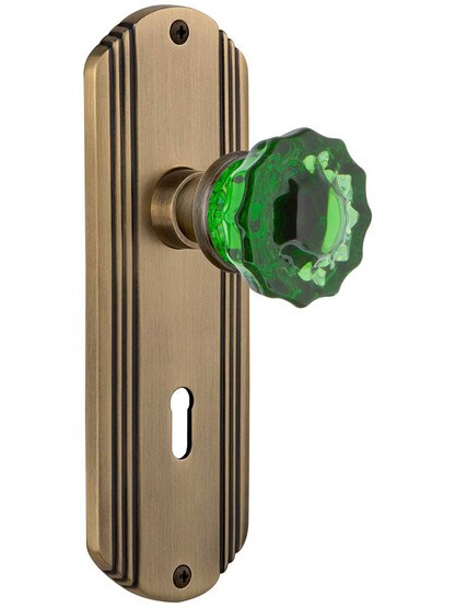 Streamline Deco Mortise Lock Set with Colored Fluted Crystal Glass Knobs Emerald in Antique Brass.